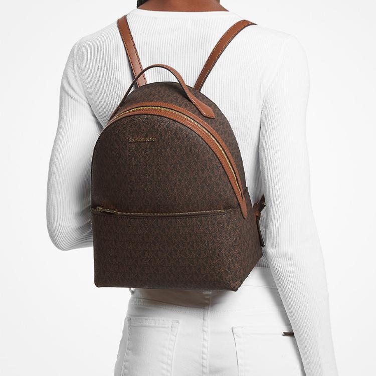 Michael Kors Sheila Mochila de Lona Revestida com Fechamento em Zíper Monograma Clássico Mochila Feminina Marrom Dourado 35F3G6HB6B-BROWN