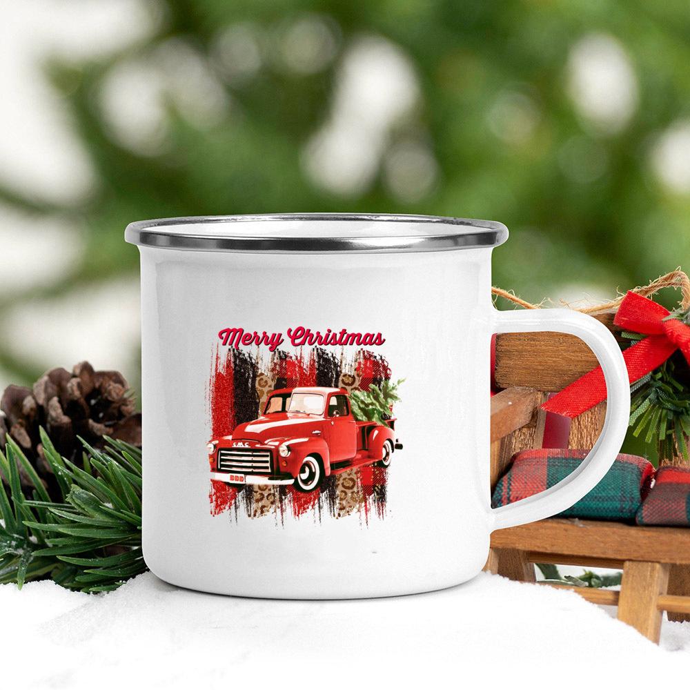 Truck Christmas Tree Printed Coffee Mugs Enamel White Drink Mug Handle Beer Cups Party Table Decoration Gifts for Family Friends