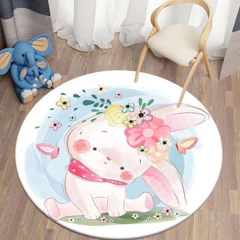 Cute Cartoon Animal Round Door Mat with Bunny Giraffe Fox Patterns Floor Mat for Kids Room Decor Adding Playful Charm