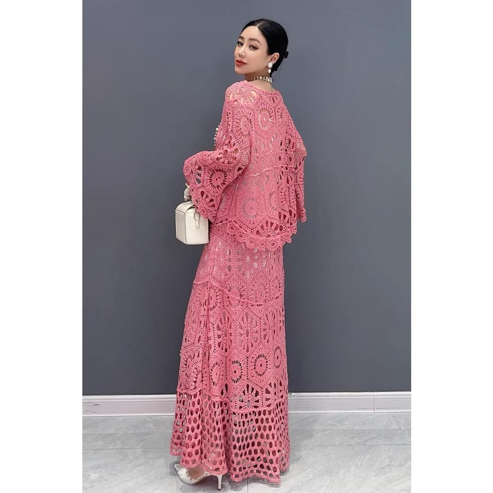 DIMANAF 2025 Neue Rock Anzug Frauen Strand Kurzarm Spitze Stricken Aushöhlen Sexy Oansatz Hohl Sommer Stil Tops Tees Lose grundlegende