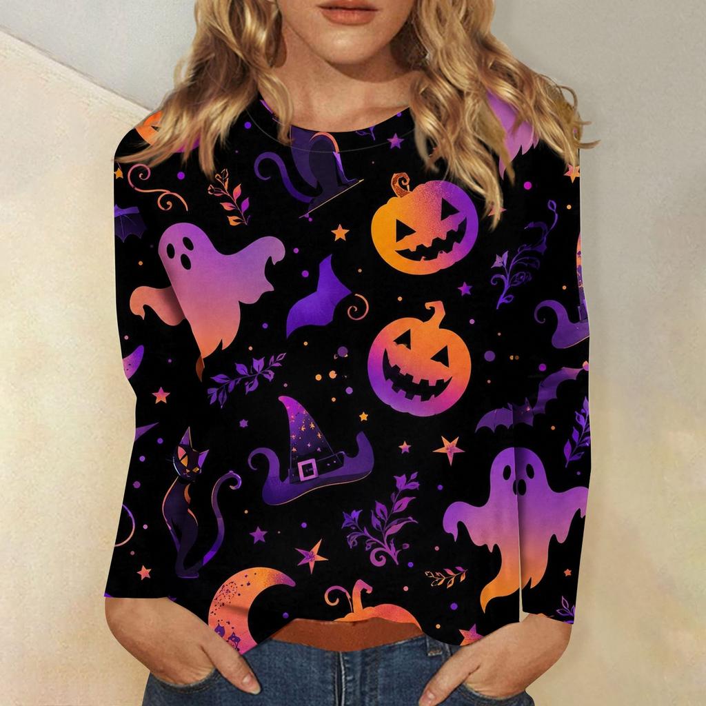 Women's Long-sleeved Loose-necked Halloween Print Casual Top , Suitable for Holiday Parties