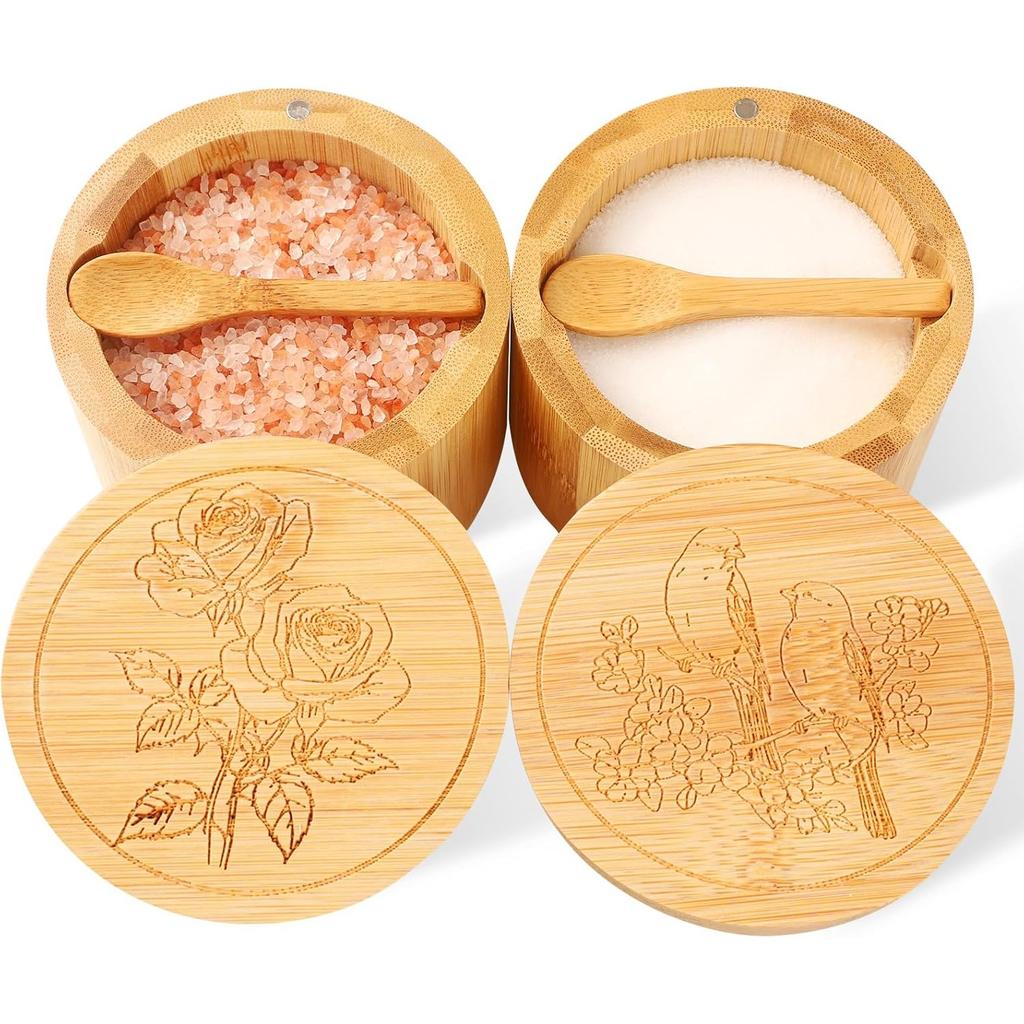 Bamboo Salt Cellar, 2 PCS Salt Container with Built-in Spoon, Salt Box Bowl with Magnetic Swivel Lid, Elegant Kitchen Salt Holder Saver Jar To Storage