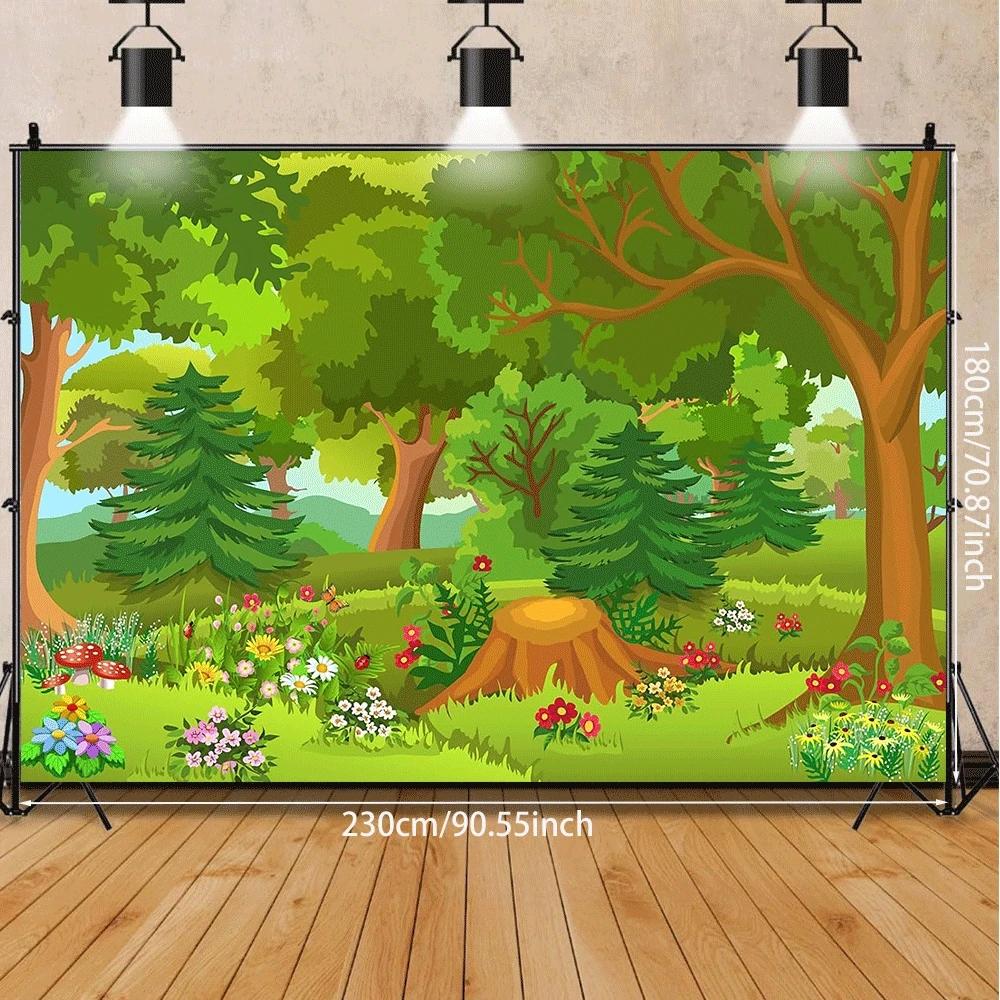 1pc Fairy Tale Forest Photography Polyester Background - Bright blue sky and pine trees, lush green grassland and wildflowers