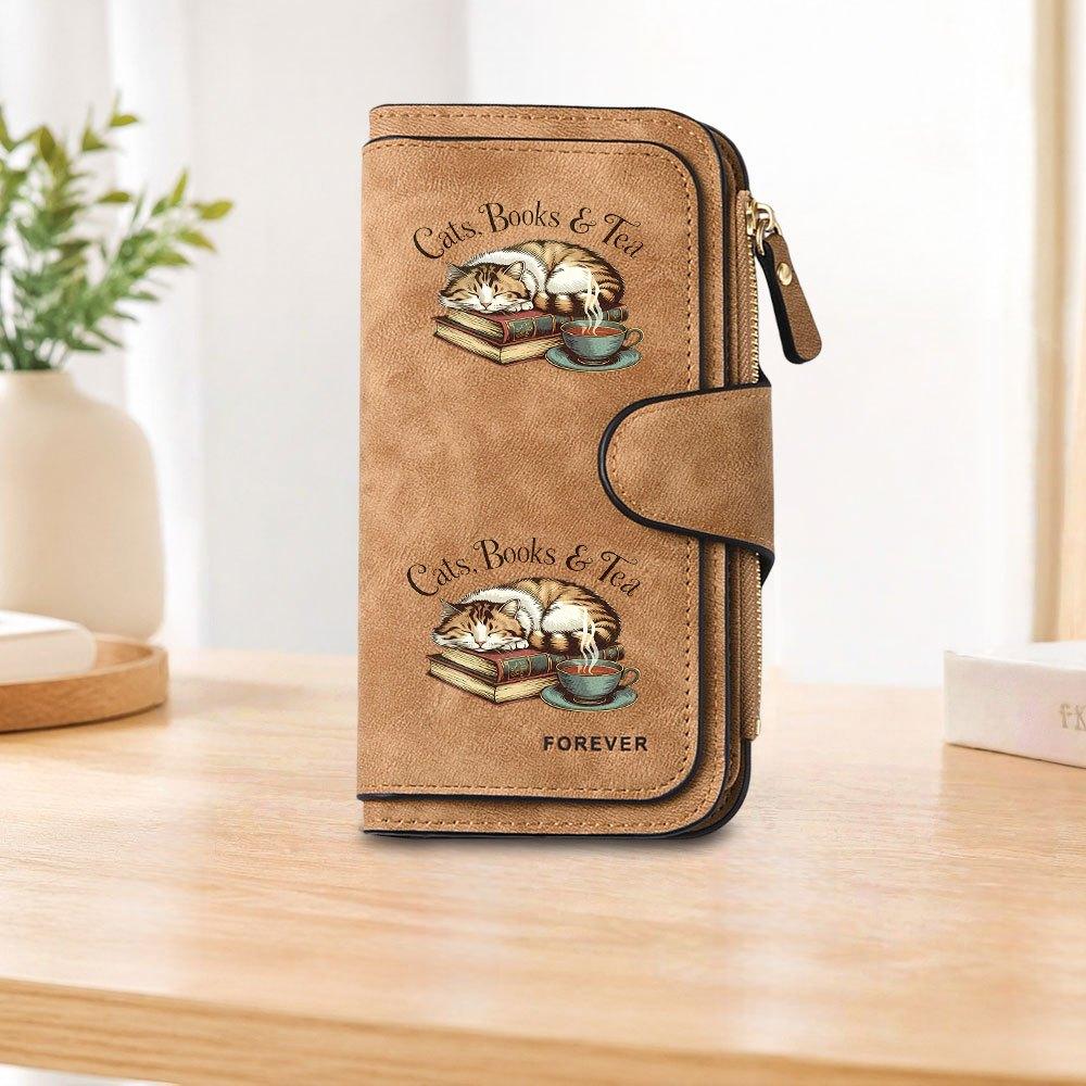 Cat themed long zipper wallet suitable for reading and drinking tea large capacity card holder unisex clutch bag stylish zippered coin purse daily