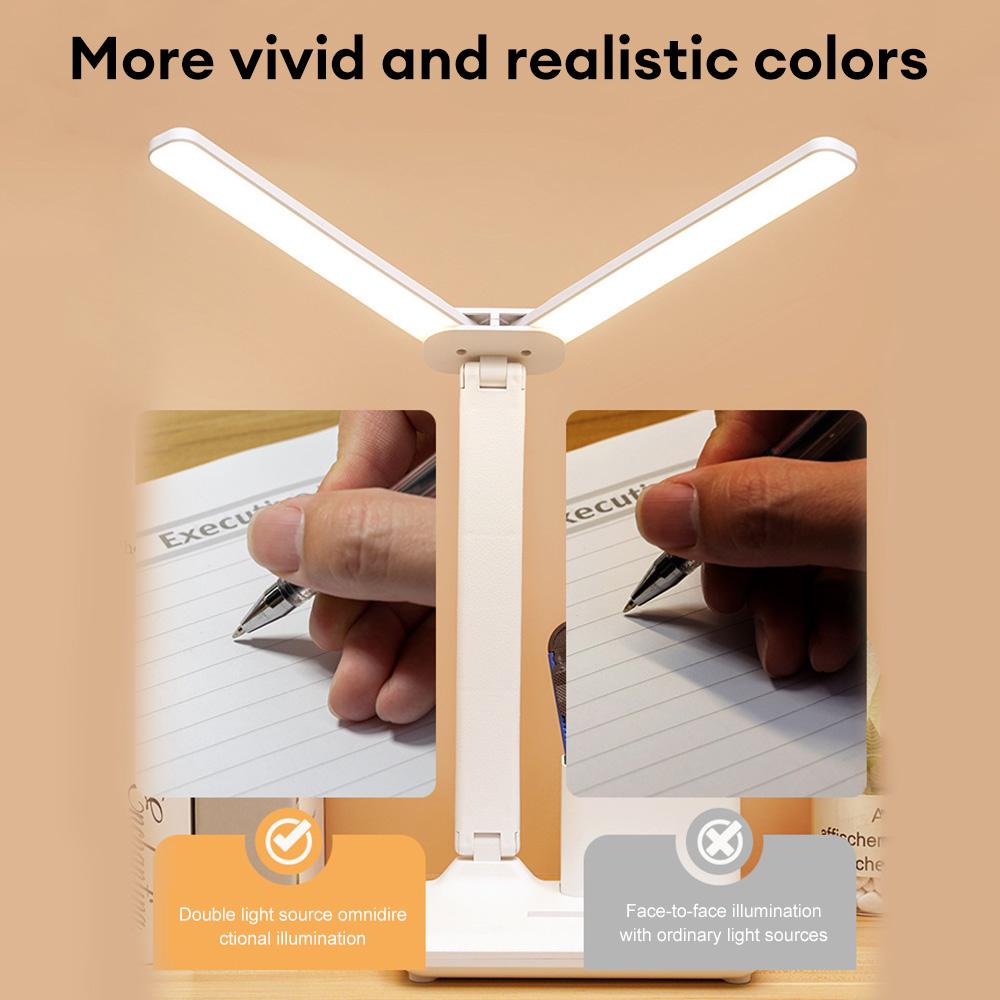 LED Double-head Desk Lamp USB Charging Eye Protection Lights Dimmable Foldable Reading Light with Pen Holder For Office