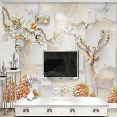 Wallpaper 3d Magnolia Flower Elk Forest Bird Relief Background Wall Living Room Hotel Mural Wallpapers