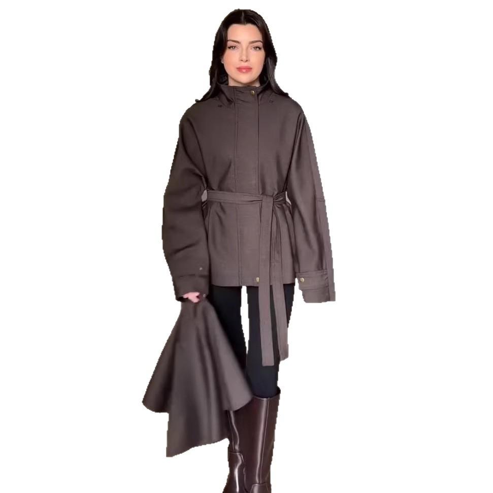 Cross-border European and American women's clothing Amazon stand-up collar British style casual trend cloak jacket temperament lace-up