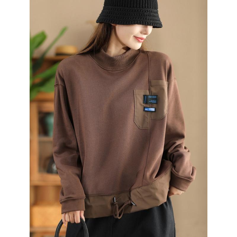 

DIMANAF 2025 Худи Большого Размера Осень Однотонная Футболка Женская С Длинным Рукавом Свободные Топы Футболки One Size коричневый