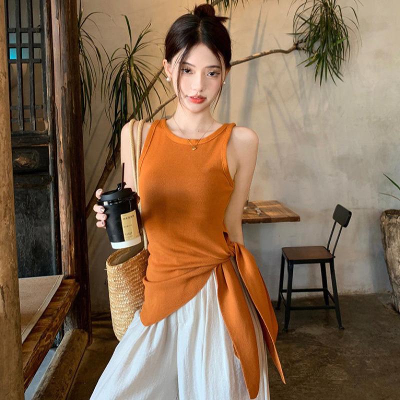 

Дофаминовый оранжевый вязаный топ-майка летняя верхняя одежда с нерегулярной завязкой на талии для горячей девушки с разрезом без рукавов женский L оранжевый