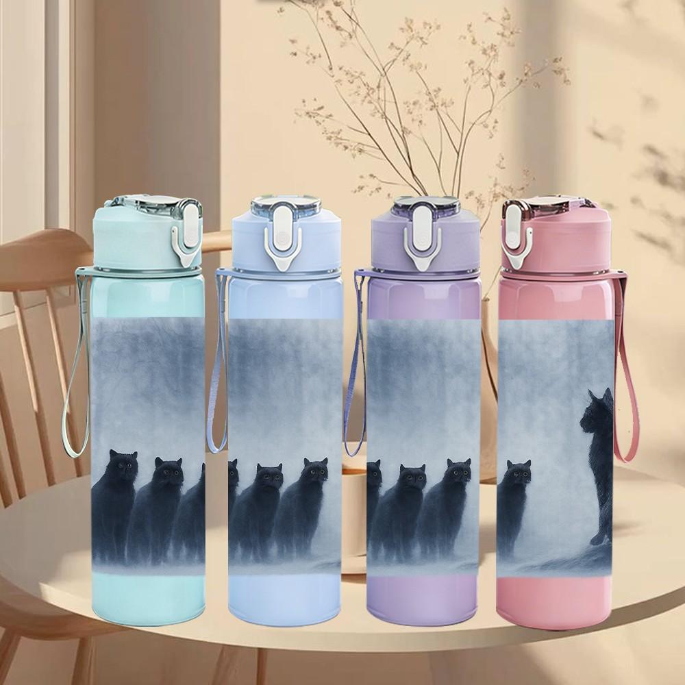 1PC Silhouette Group Cat Window Scene Print 750ml Color Plastic Sports Water Bottle Leakproof Flip Straw Lid Suitable for Sports Office Home Use