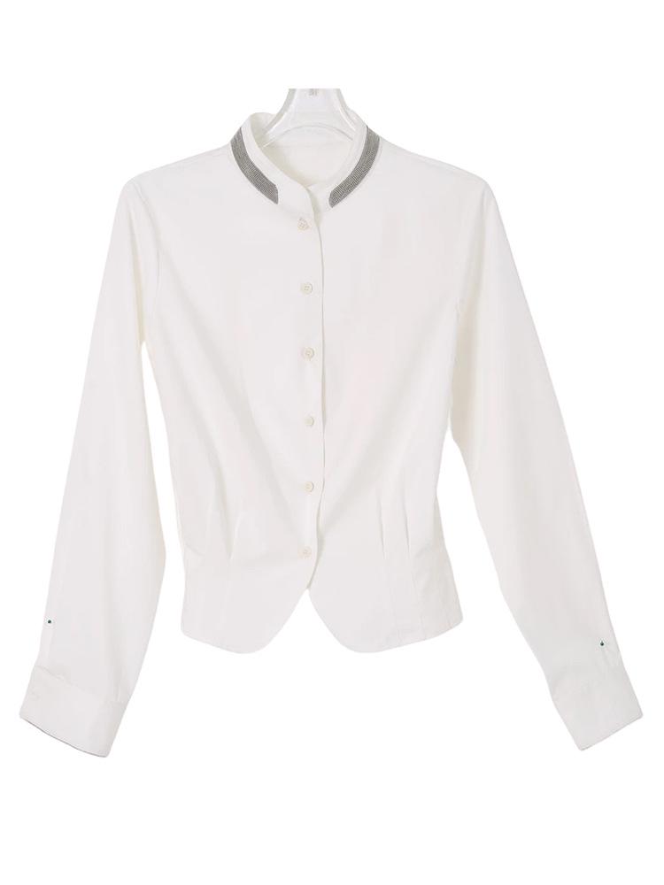 Women's 2025 Autumn White French Shirt: Elegant, Slimming, Waist-Cinching, Casual Stand-Up Collar Top