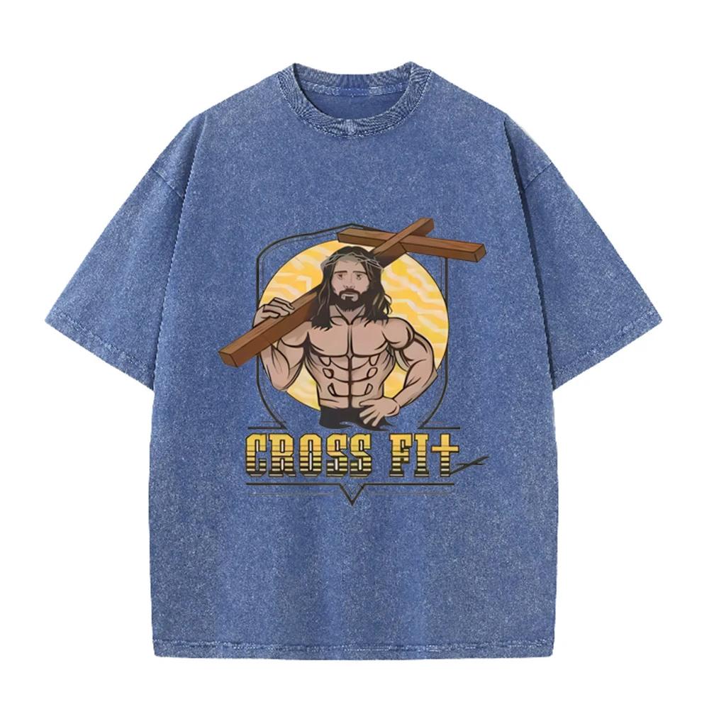 Asian Size Vintage Washed T Shirt Muscular Jesus Cross Fit Graphic Oversized Gym Christian Streetwear Short Sleeve Tee
