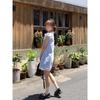 Korean sweet doll collar small flying sleeve blue grid dress women's small summer new loose bow skirt