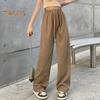 Women Pants Elastic High Waist Adjustable Drawstring Long Pants Solid Color Straight Wide Leg Casual Trousers Daily Wear