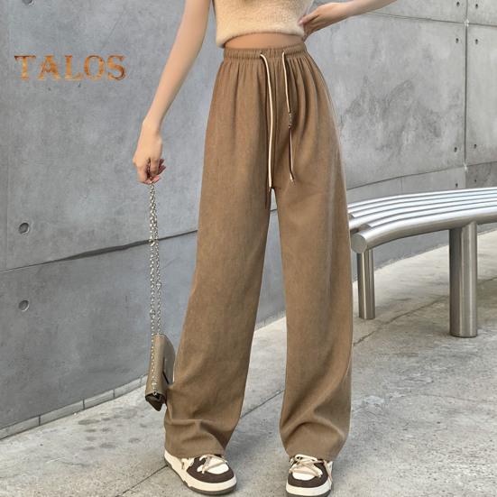 Pantaloni pentru femei cu talie înaltă elastică, cu șnur ajustabil, pantaloni lungi, culoare uni, drepte, cu picior lat, pantaloni ocazionali, ținute zilnice