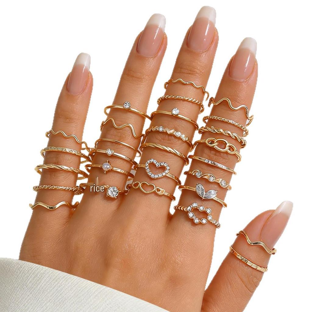 Cross-Border Diamond Heart Wave Ring Set: 28-Piece Gold Geometric Joint Rings