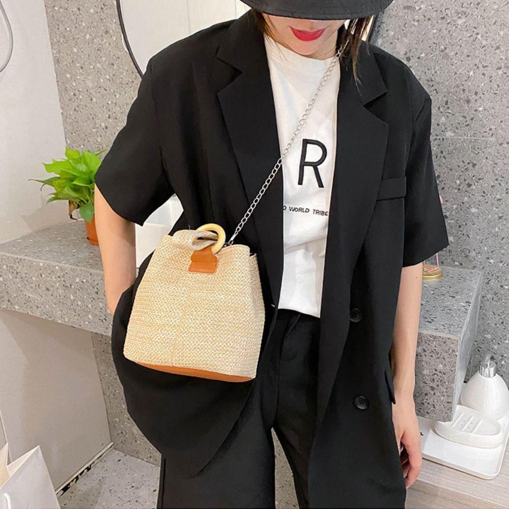 Korean Style Woven Handbag Solid Color Small Phone Bag Fashion Straw Bucket Bag  Girls