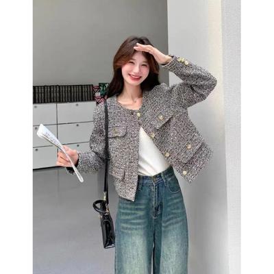 Dames Lente Herfst Kleine Elegante Jas Slim Ronde Hals Temperament Jassen Vrouwelijke Korte Bovenkleding Tops