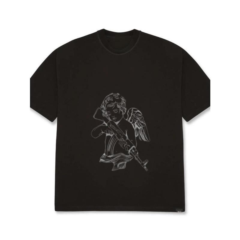 White Oversized T-Shirt with Angel Holding Rifle Graphic Print Casual Streetwear Top for Men and Women