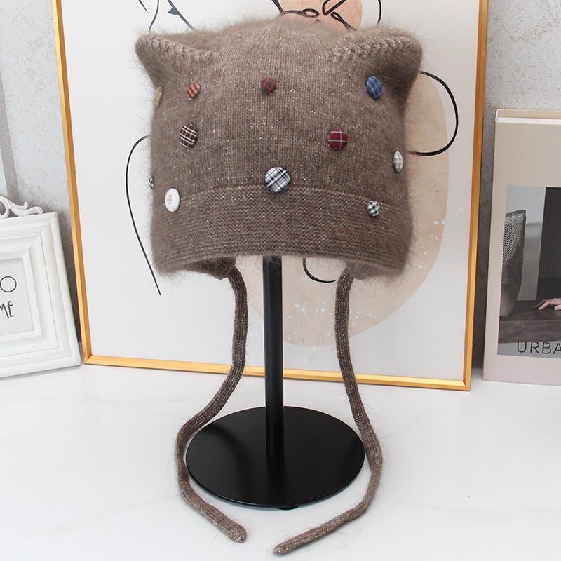 Autumn and winter cute cat ear rabbit hair ear protection knitted hat women's color button decoration warm wool hat cold-proof hat