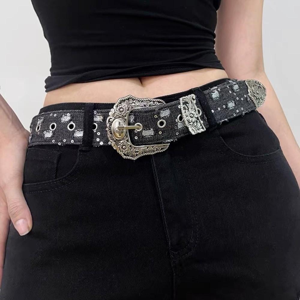 Korean Style Sequin Belt Harajuku Denim Wide Belt Casual Metal Buckle Belt  Jeans
