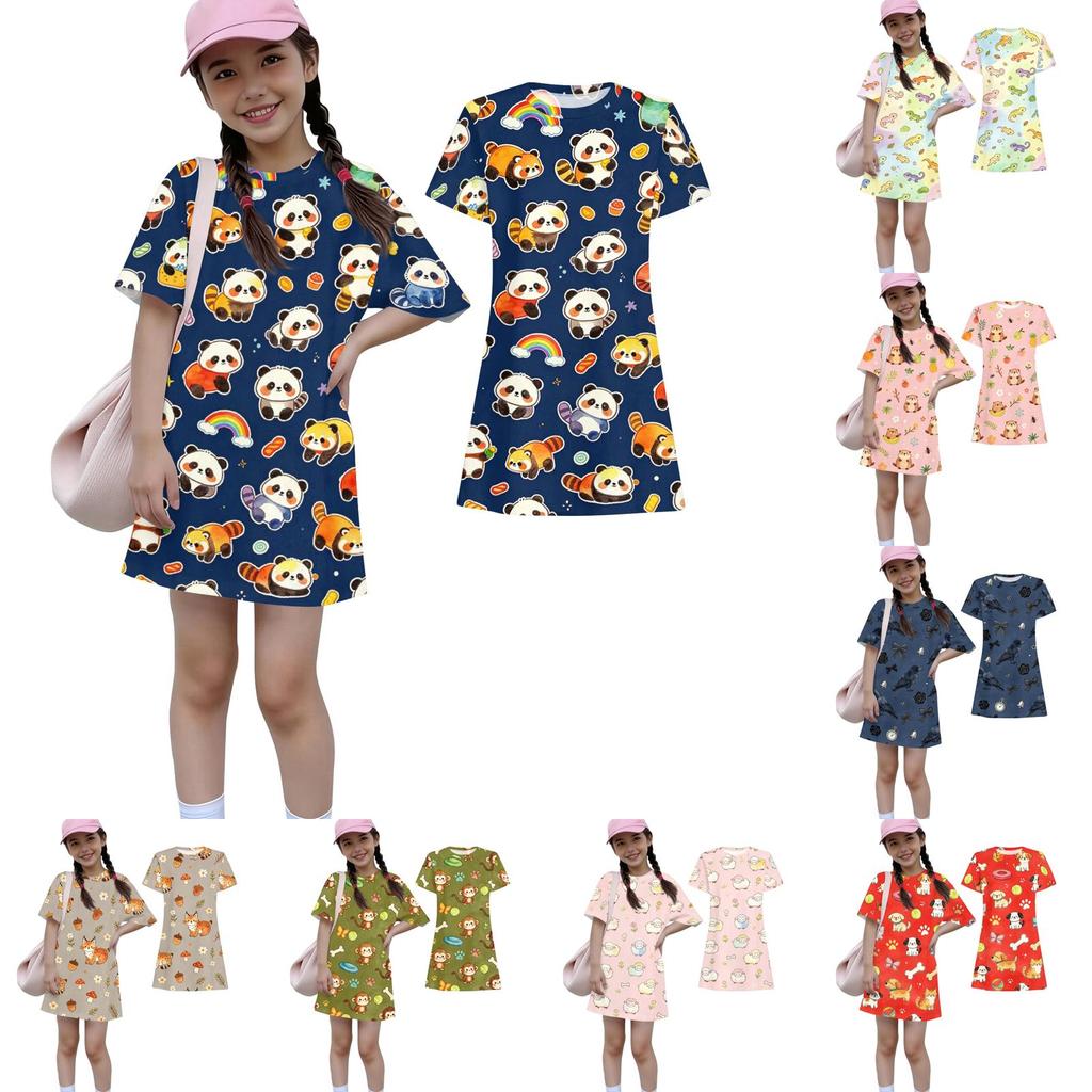 Girls Loose Fit Short Sleeve Dress Kids Round Neck Lightweight Summer Dress with Animal Print Pattern Casual Daily Wear
