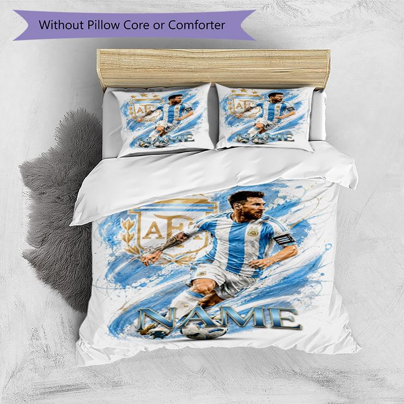 Messi Custom Soccer Player Personalized Name Bedding Set,Airy Bed Linen for Sports Room Decor,Perfect Teenager Gift,Double Sided Duvet Cover with Pill