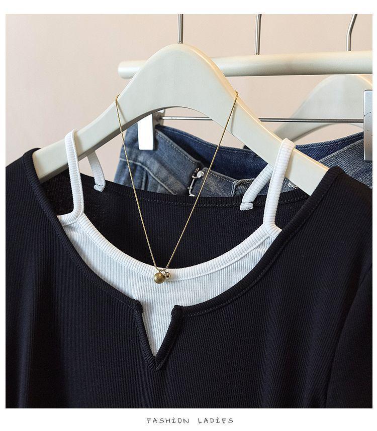 Women's Plus Size Patchwork Faux Two-Piece Short Sleeve T-Shirt - Loose, Slimming, Versatile Summer Style