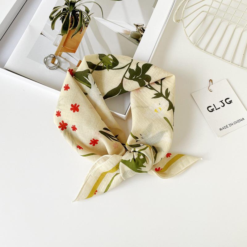 55 Cotton And Linen Headscarf Summer And Autumn Floral Silk Scarf Sweet Versatile Square Scarf Small Scarf Women'S Thin Decorative Silk Scarf