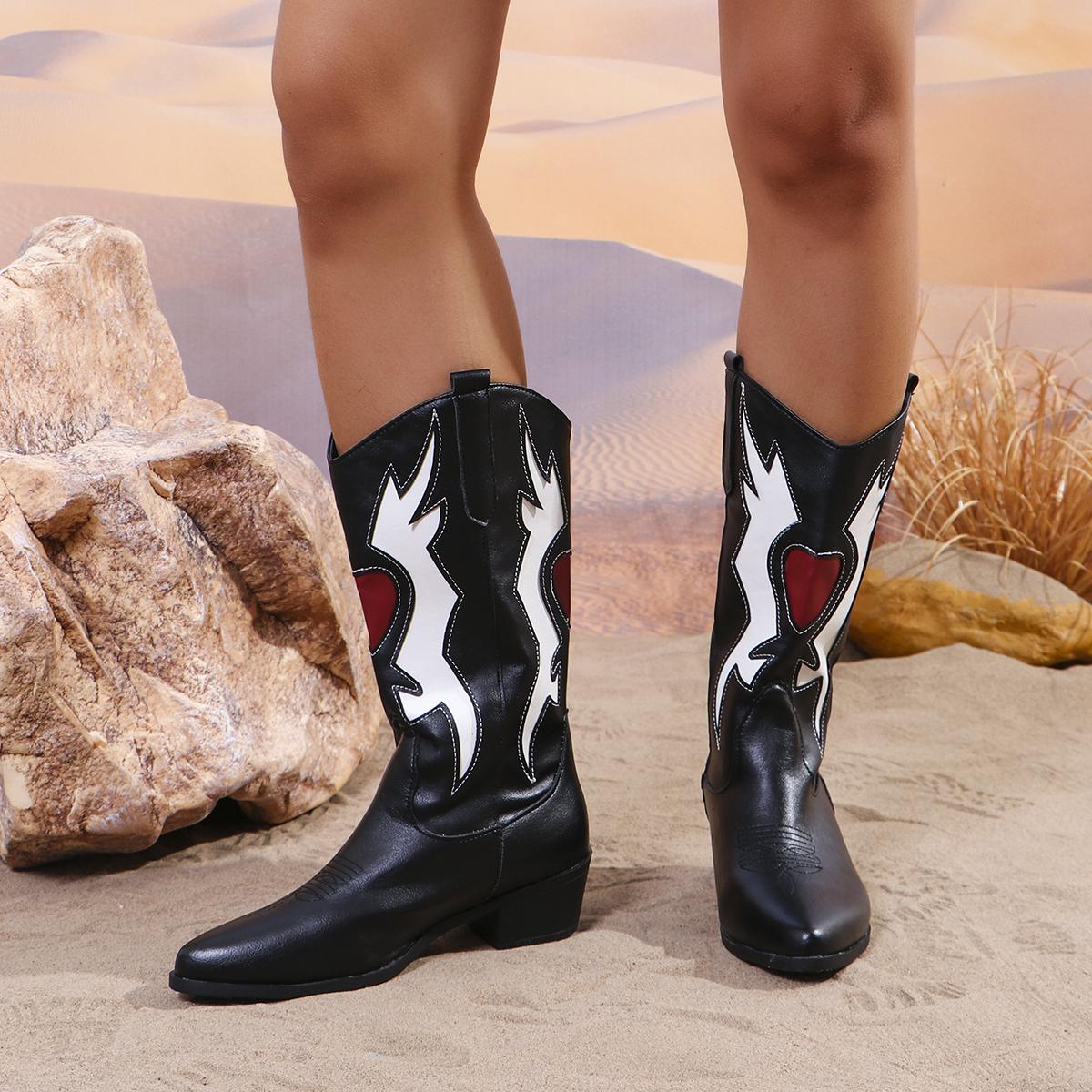 

Женские ковбойские сапоги для девочек на толстом каблуке, ретро-панк-сапоги в стиле вестерн, вышитые туфли, кожаные сапоги до середины икры для женщин 38
