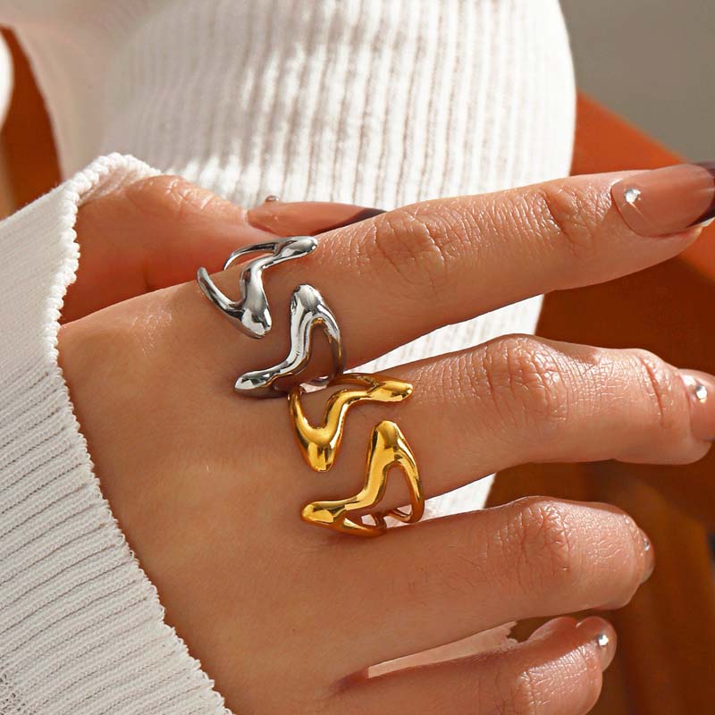 Stainless Steel Metal Wide Open Rings For Women Exaggerated Gold Color Texture Geometric Line Ring Jewelry Gifts