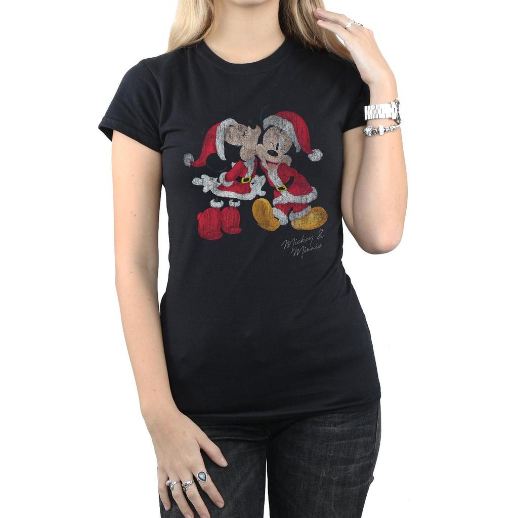 Disney Womens/Ladies Mickey And Minnie Christmas Kiss Cotton T-Shirt