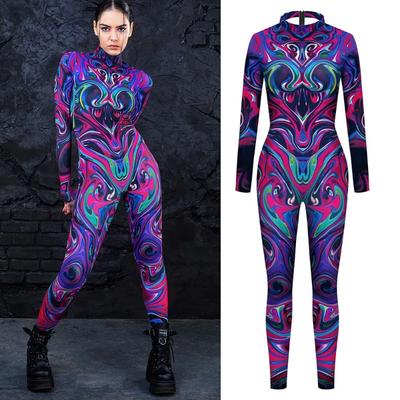 Multicolour Printing Holiday Party Women Adult Ghost Punk Style Cosplay Performance Costume Bodysuits Rompers