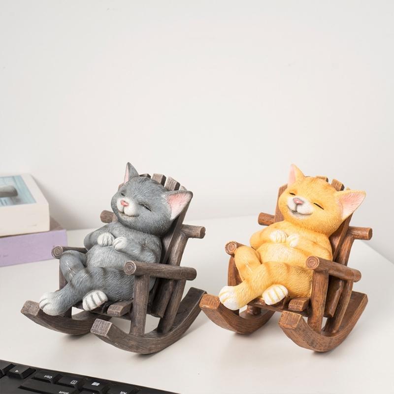 Resins Rocking Chair Cats Dog Figurine Cartoon Animal Miniature Statue for Home Office Tabletop and Shelves Decoration
