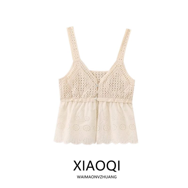 Fashion Wind 2024 New Fall Women's Clothing All-Matching Hollow Embroider Patchwork Knitting Sling Tops 6427100