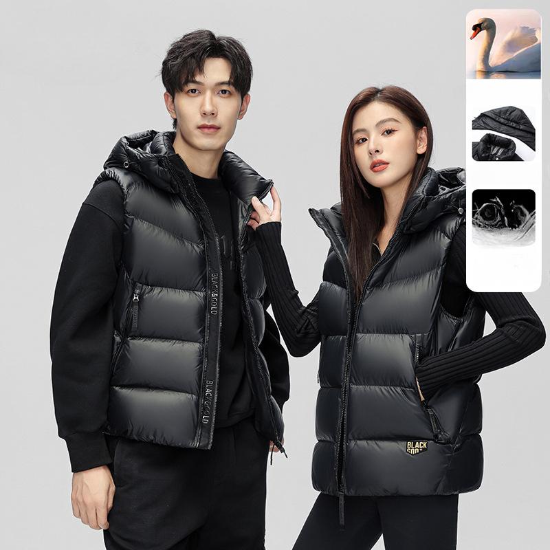 Podzimní a zimní pánský a dámský stejný styl černá zlatá odnímatelná kapuce husí prachové peří vesta zesílená módní teplá vesta trendy péřová vesta