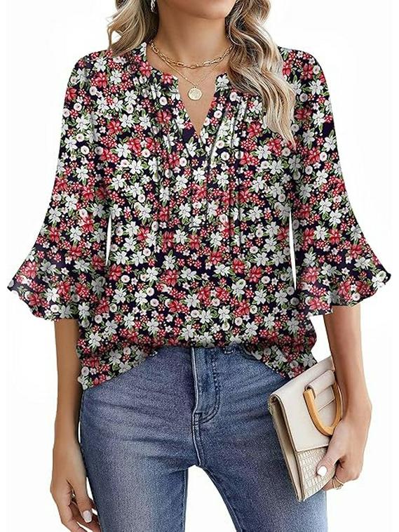 2025 Bluzka Szyfonowa z Dekoltem V w Kształcie Liścia Lotosu - Jednolity Kolor, Rękaw Siedmiopunktowy, Swobodny Luźny Krój