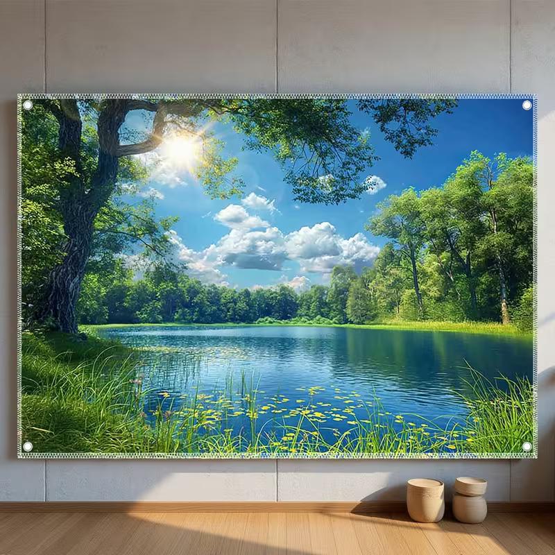 

2D Summer Lake Backdrop, Green Forest with Sunlight Photography Background 47.2x31.5inch/120*80cm