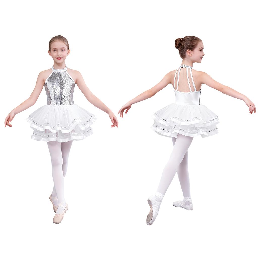 Girls Kids Sparkling Sequins Ballet Tutu Dress Modern Jazz Dance Outfit Stage Performance Costume Dancewear