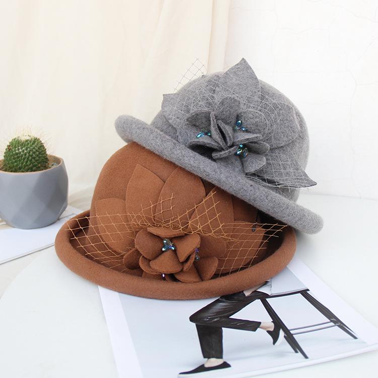 Hat Women'S Autumn And Winter Fashion Flower Bucket Hat Korean Version Of Crimped Wool Hat Women'S British Retro Bowler Hat