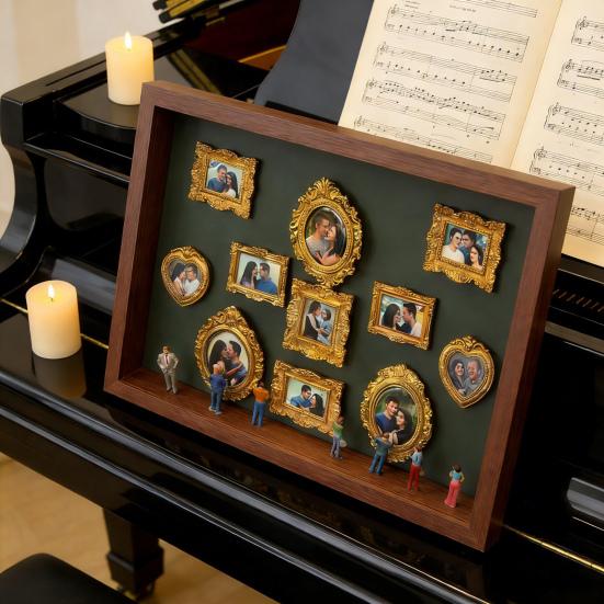 Scatola Ombra Mini Museo Grande con Luce Kit Cornice Scatola Ombra con 8 Miniature e 11 Mini Cornici Dorate Kit Espositore Foto Personalizzato per Anniversari