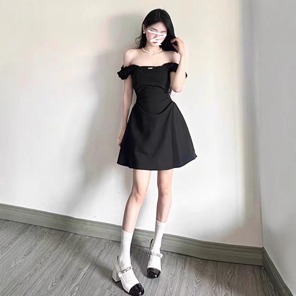 Square Collar Pure Desire Style Black Dress Women's New Summer Waist Temperament Design Sense Short A-shaped Small Black Dress