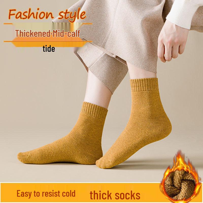 Women's Autumn/Winter Terry Socks - Velvet-Lined, Thick, Mid-Tube, Solid Color, Warm Towel Style.