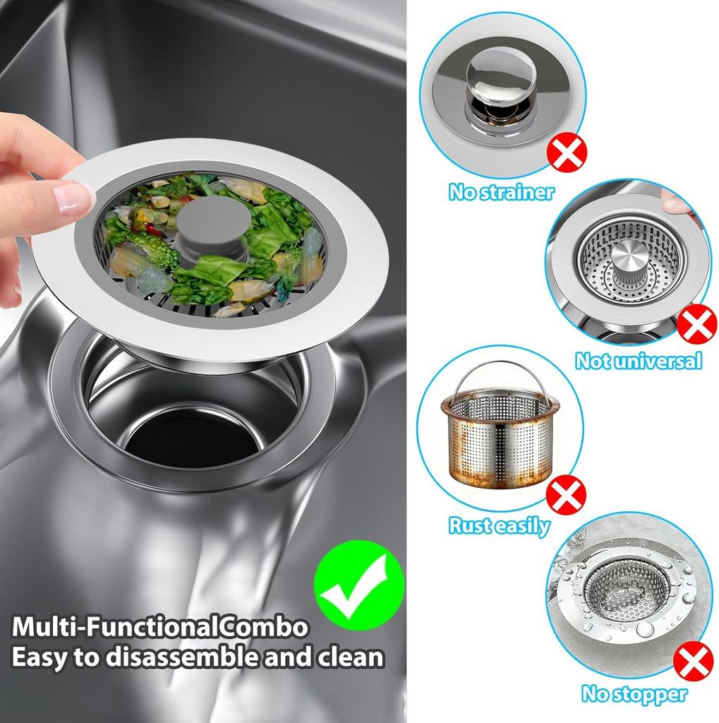 3 in 1 Kitchen Sink Drain Strainer Stainless Steel Pop Up Sink Stopper Kitchen Sink Stopper Drain Plug with Anti-Clogging Basket