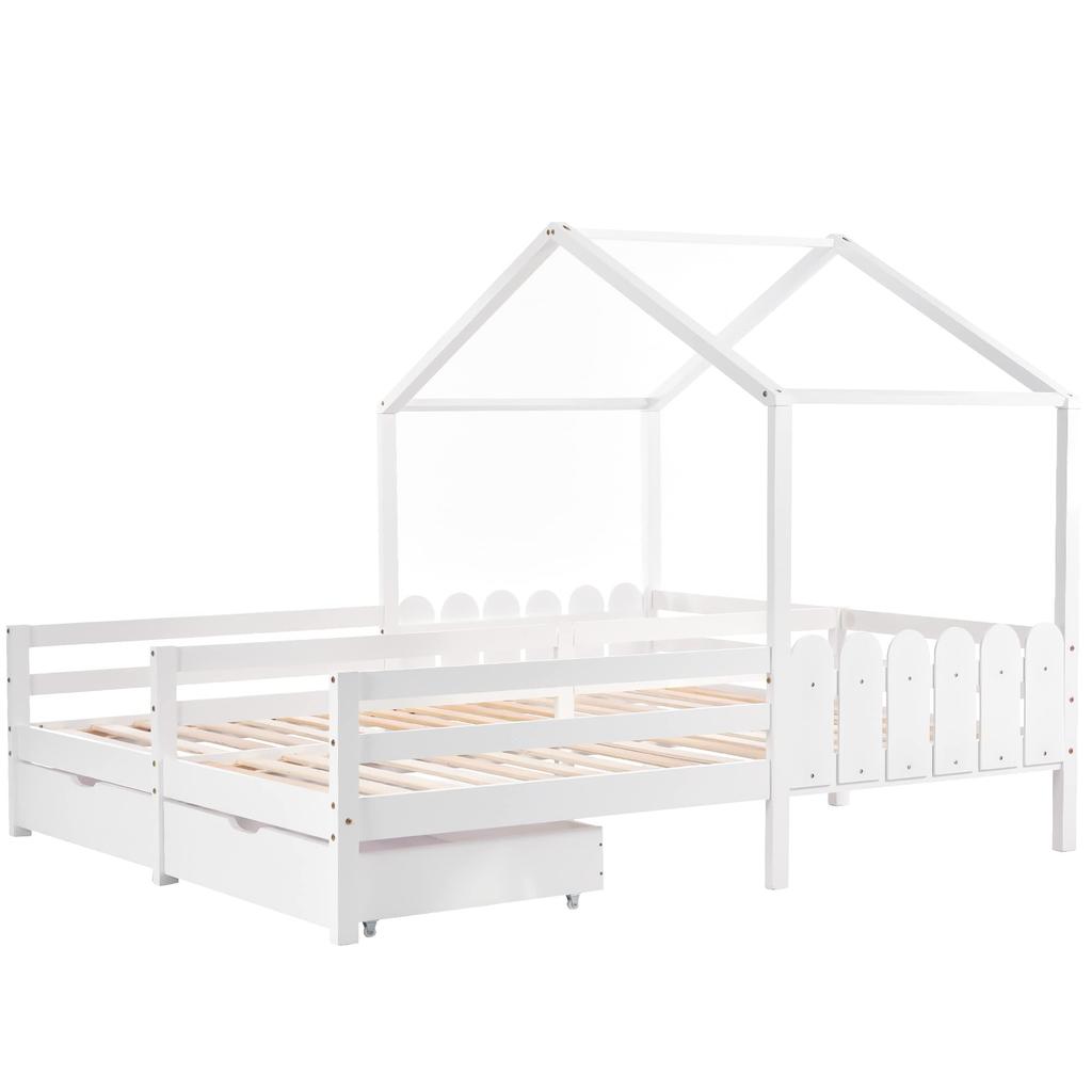 Flieks Children's Bed House Bed 90x200 Cm with 2 Drawers Double Bed, Versatile Wooden Treehouse Bed for Girls & Boys