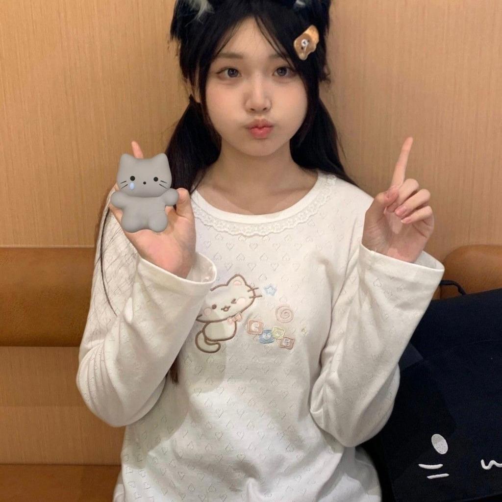 Sladká trička Kawaii Dámské Japonský styl Y2k Krajka Patchwork Roztomilé kreslené vyšívací trička Topy Měkká dívka