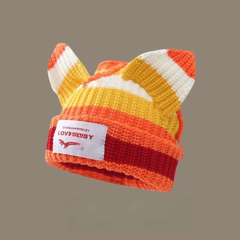 1PC Cute Keep Warm Knitted Hat Festival Spliced Colors Fashionable Pig Ears Thickened Gathering Take Photos New Style