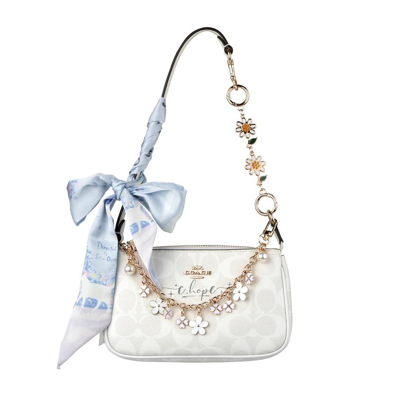 

COACH handbag [Customized bag] Nolita 19 Jiuqi silver small flower bag metal brand logo trendy and versatile artificial leather small blue silk scarf синій