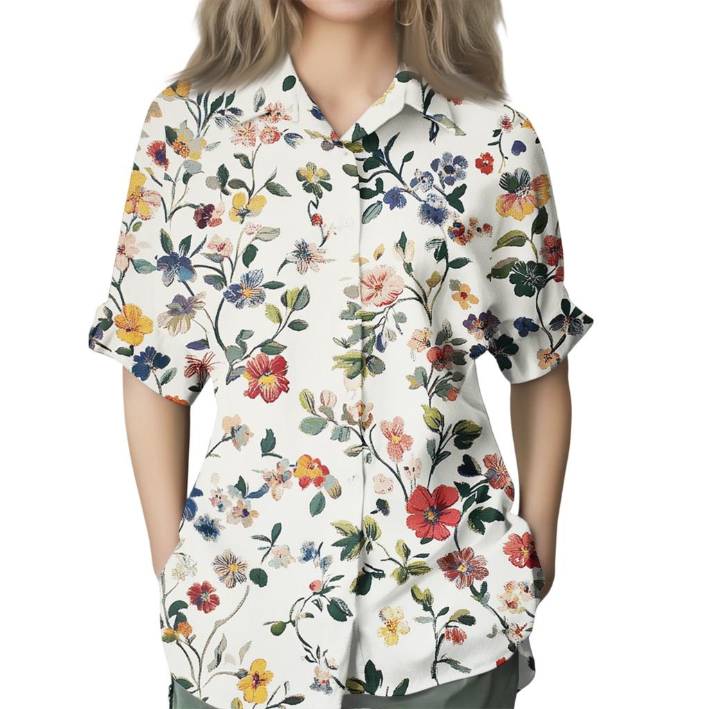 Women's Fashion Seven Sleeve Casual Lapel Back Tie Shirt Printed T-Shirt Top