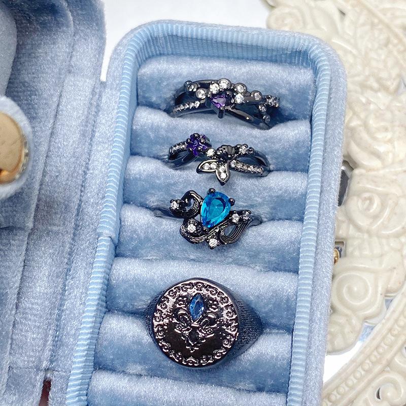 Dark Personality Iris Flower Sea Blue Zircon Flower Opening Ring Niche High-End Temperament Punk Stacked Ring